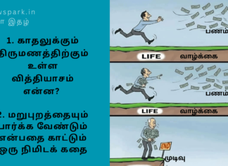 1. காதலுக்கும் திருமணத்திற்கும் உள்ள வித்தியாசம் என்ன?. 2. மறுபுறத்தையும் பார்க்க வேண்டும் என்பதை காட்டும் ஒரு நிமிடக் கதை